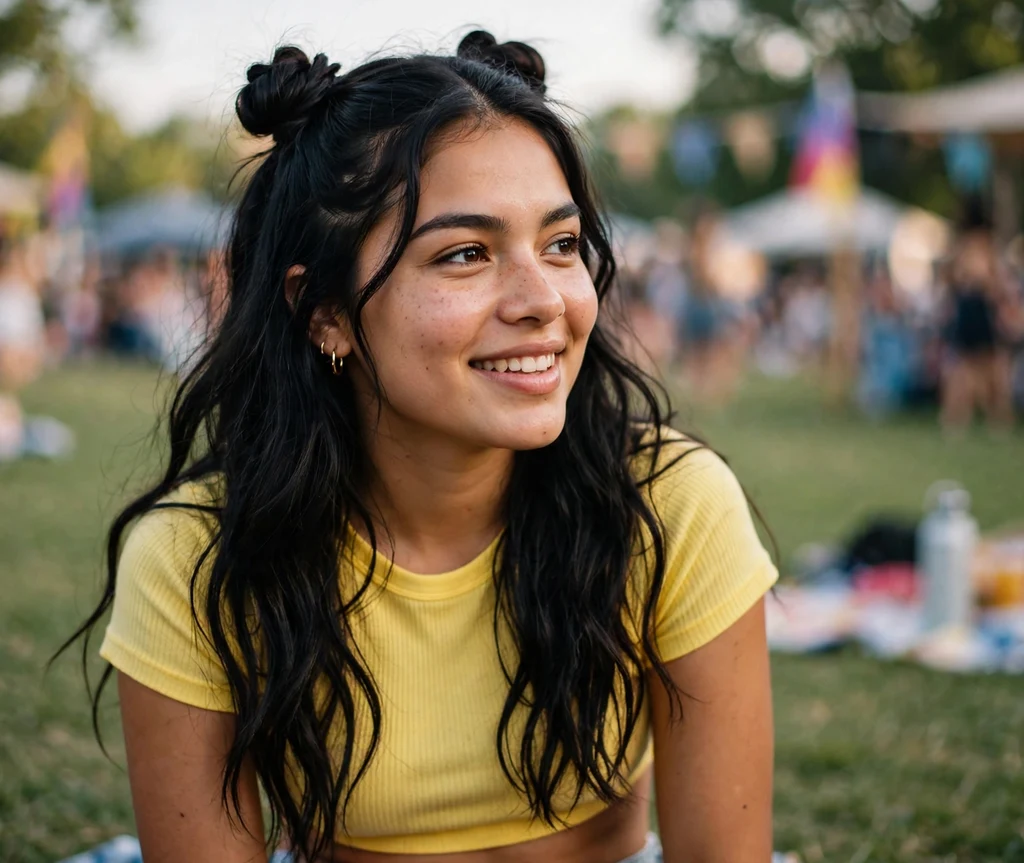 Woman with half-up space buns at a festival