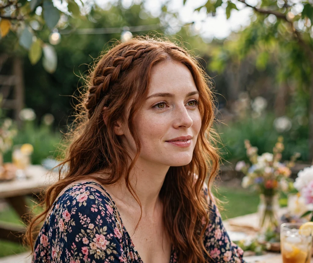 Woman with a boho crown braid at a garden party
