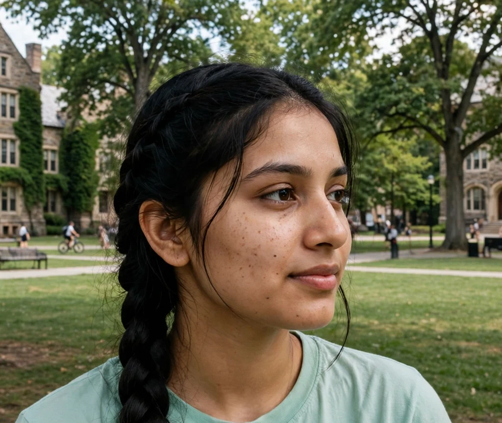 Woman with a long French braid on a campus