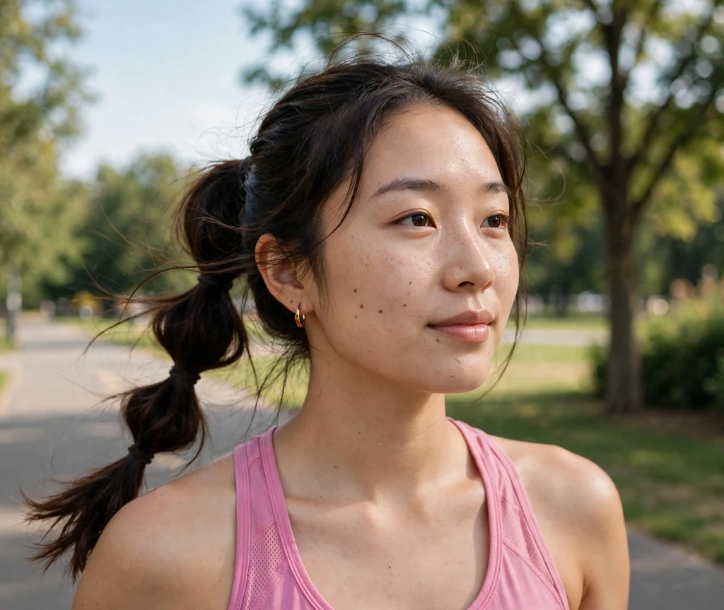 Woman with a bubble ponytail on a jogging path