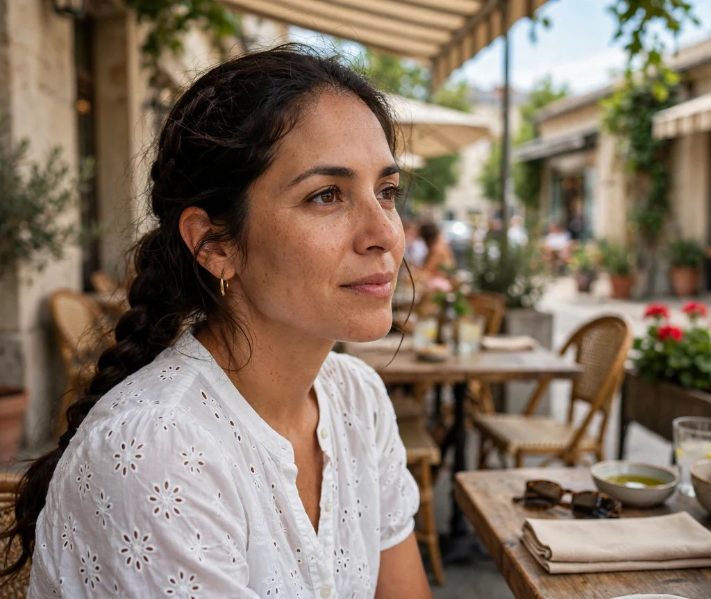 Woman with a braided low ponytail at a sidewalk cafe