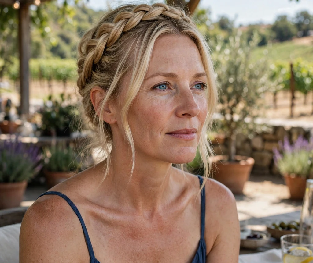 Woman with a twisted crown updo on a winery patio