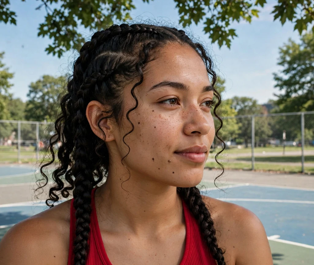 Woman with double Dutch braids on a basketball court
