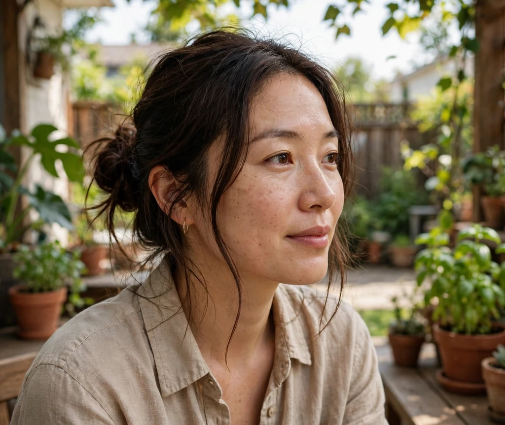 Woman with a low messy bun on a patio