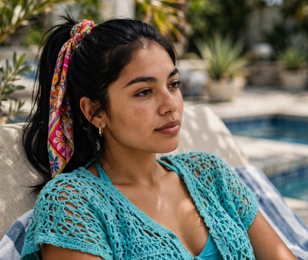 Woman with a scarf-wrapped ponytail by a pool