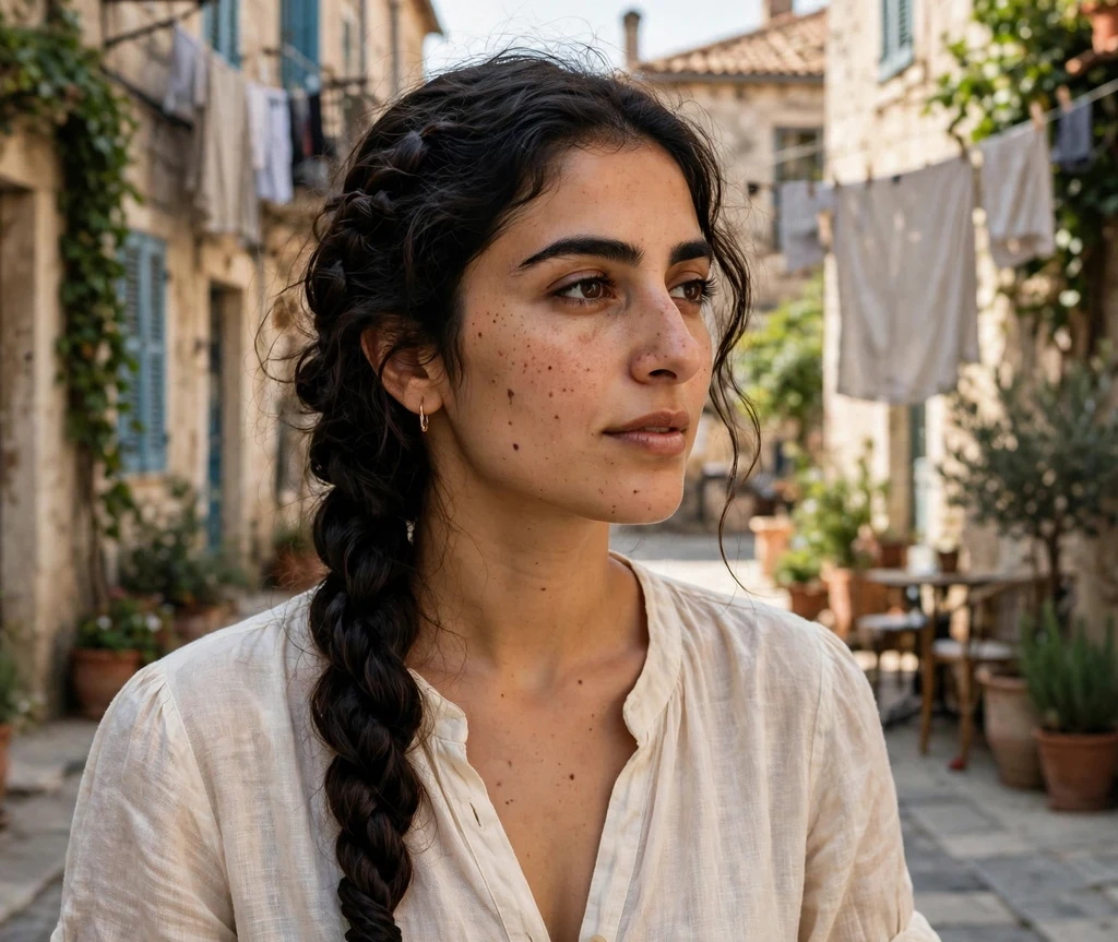 Woman with a rope twist braid on an old-town street