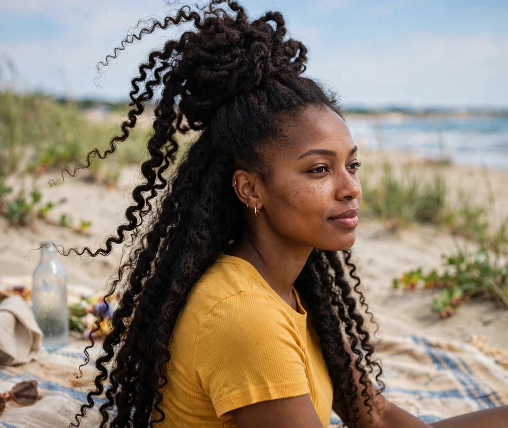 Woman with a pineapple updo on a beach picnic blanket