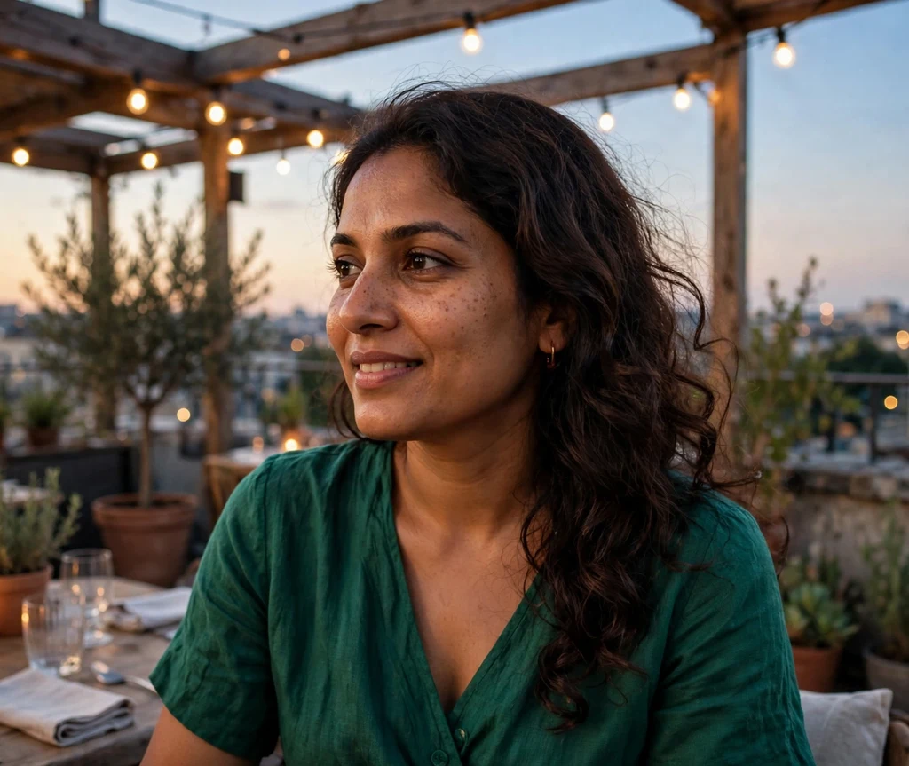 Woman with side-swept loose curls on a rooftop terrace