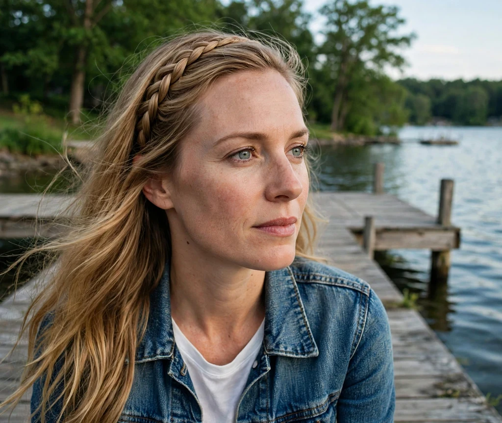 Woman with a braided headband on a lakeside dock