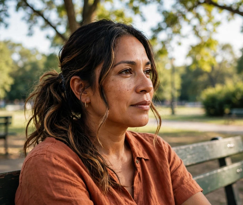 Woman with a textured low ponytail on a park bench