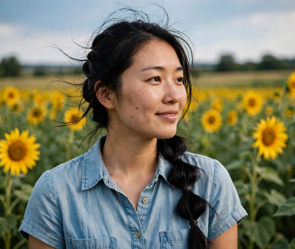 Woman with a pull-through braid in a sunflower field