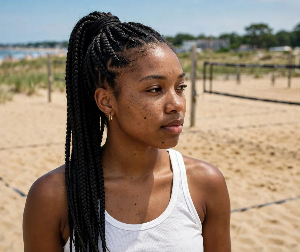 Woman with a high braided ponytail on a volleyball court