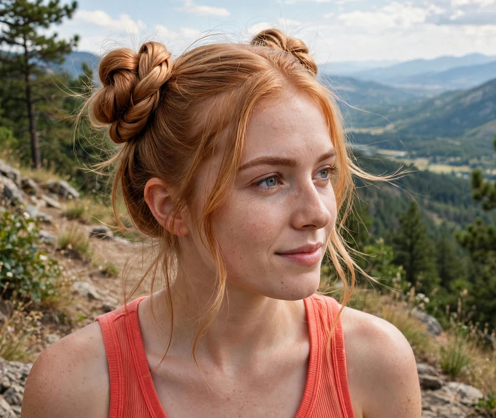 Woman with double French twist buns on a hiking trail