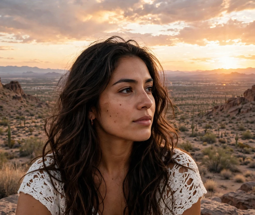 Woman with loose boho waves at a desert viewpoint
