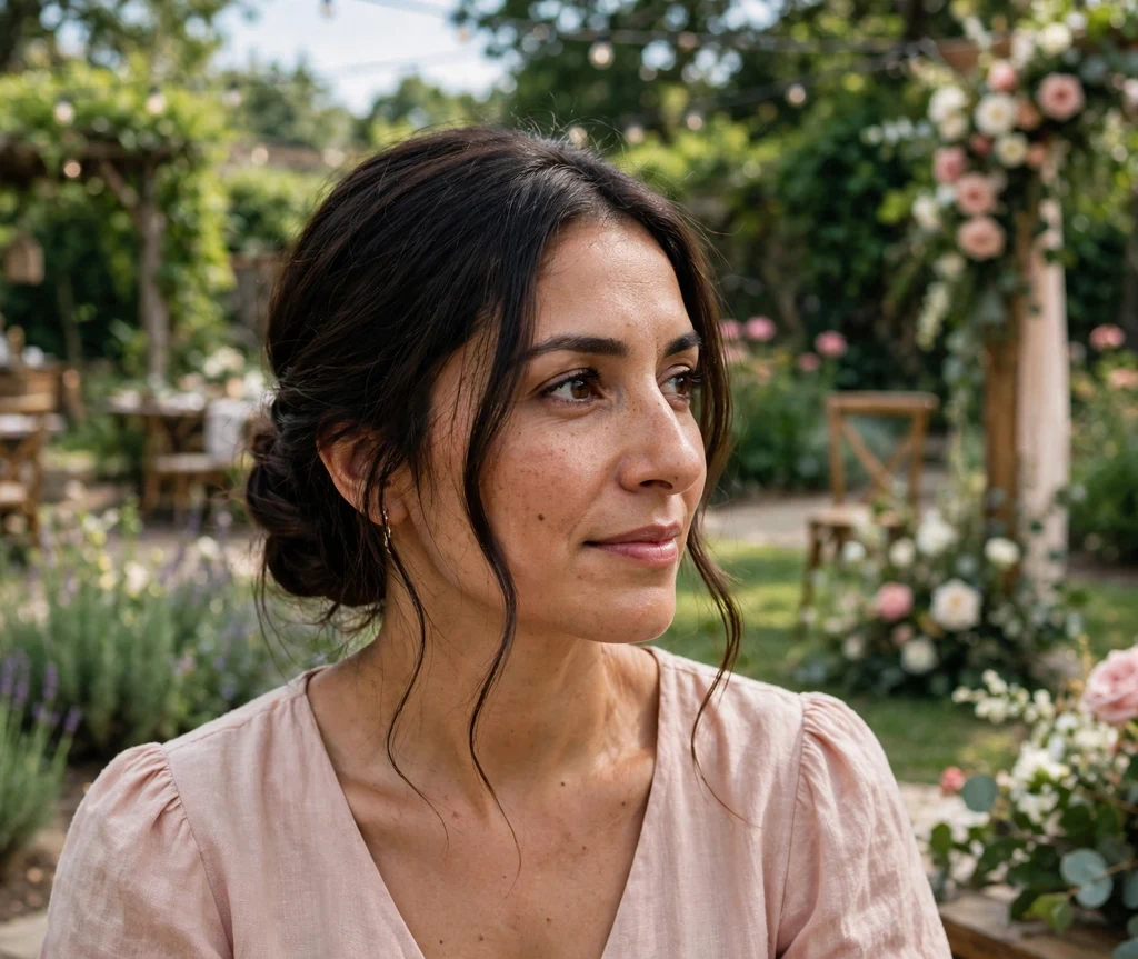 Woman with a low chignon in a wedding garden