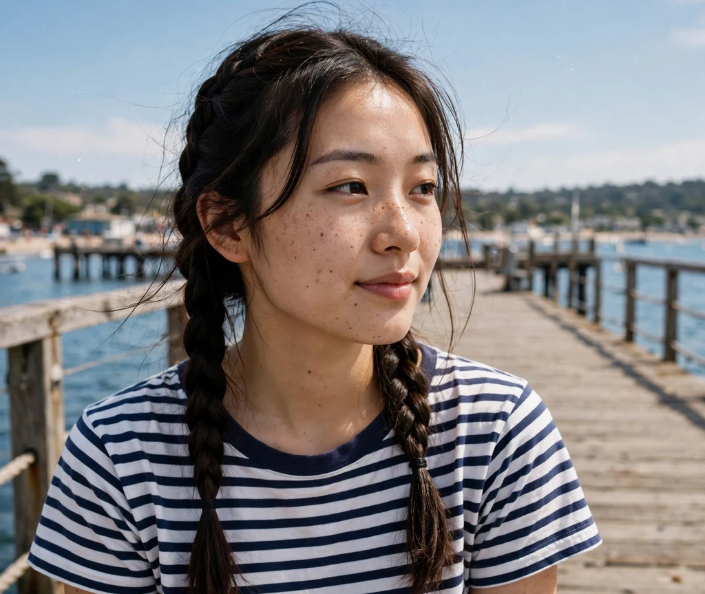 Woman with braided pigtails on a seaside pier