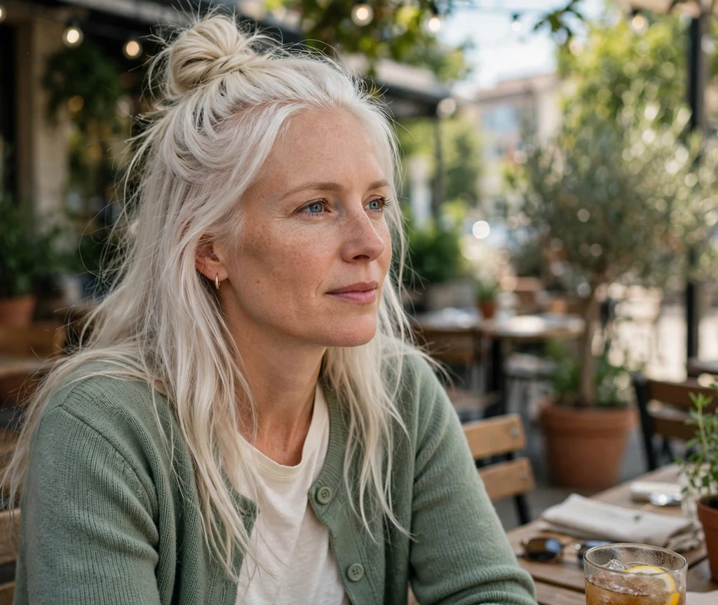 Woman with a half-up top knot on a coffee shop patio