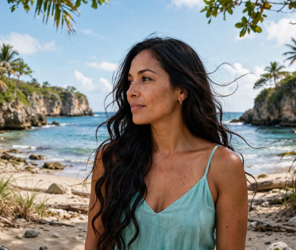 Woman with mermaid waves at a tropical beach cove