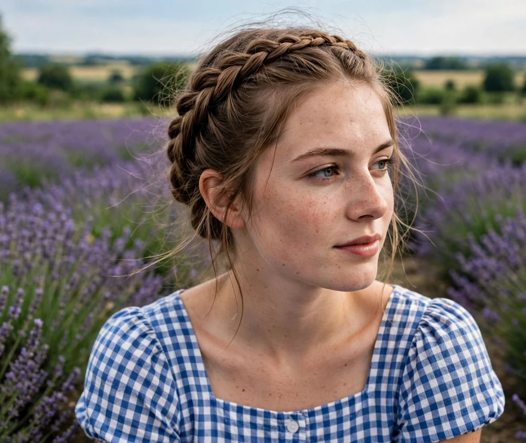 Woman with milkmaid braids in a lavender field