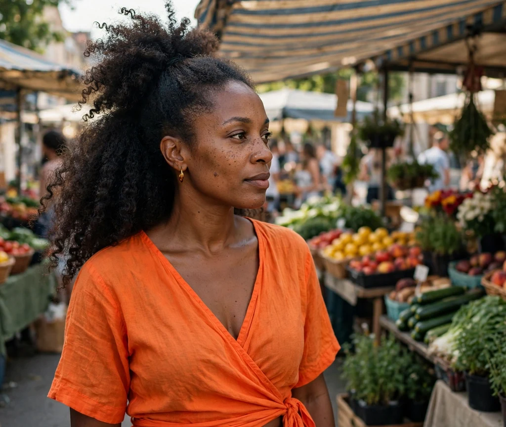Woman with a curly high puff ponytail at a street market
