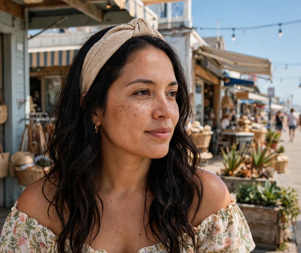 Woman with a knotted headband twist at boardwalk shops