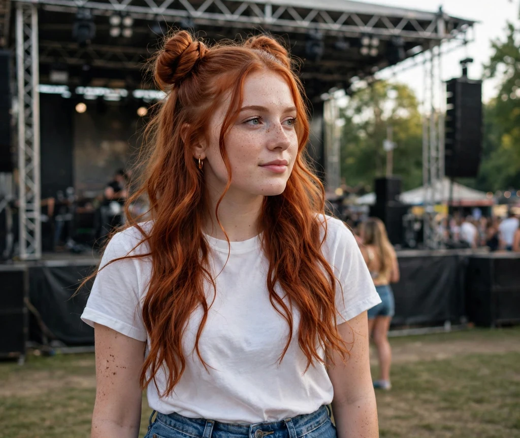 Woman with festival double buns at an outdoor concert