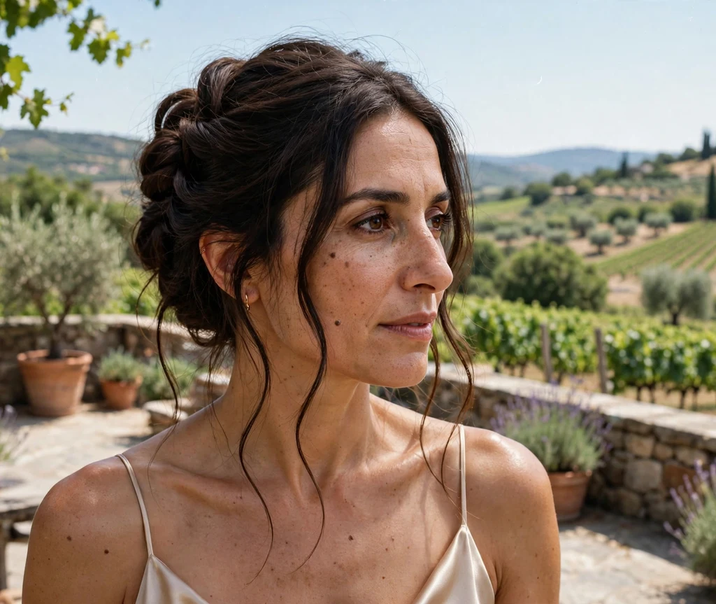 Woman with a romantic twisted updo on a vineyard terrace