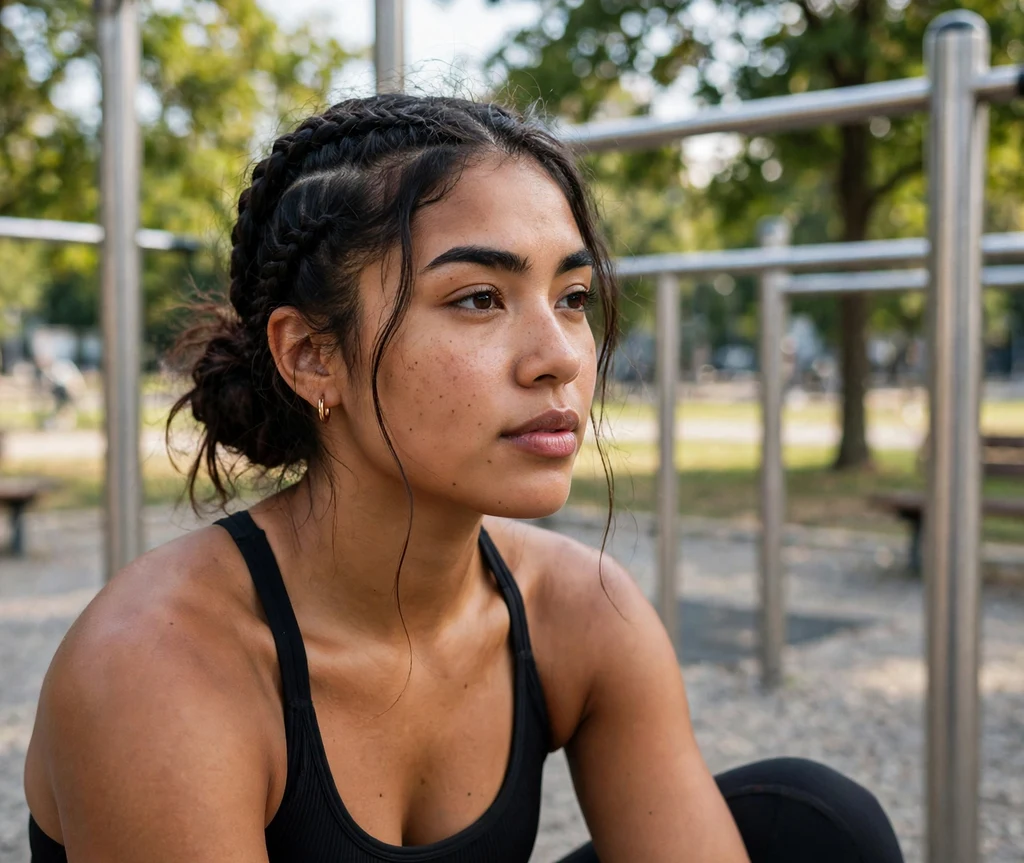 Woman with boxer braids into a bun at an outdoor gym