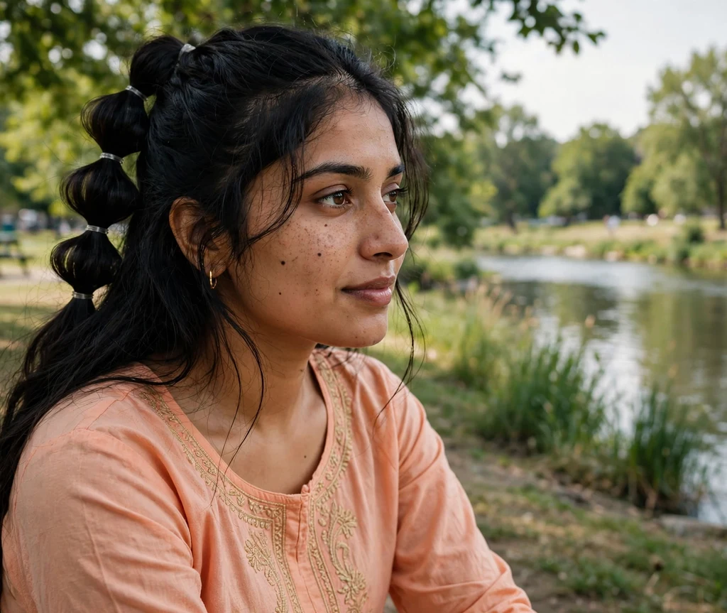 Woman with a half-up bubble braid in a riverside park