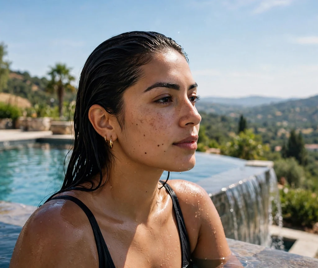 Woman with a slicked-back wet look at an infinity pool