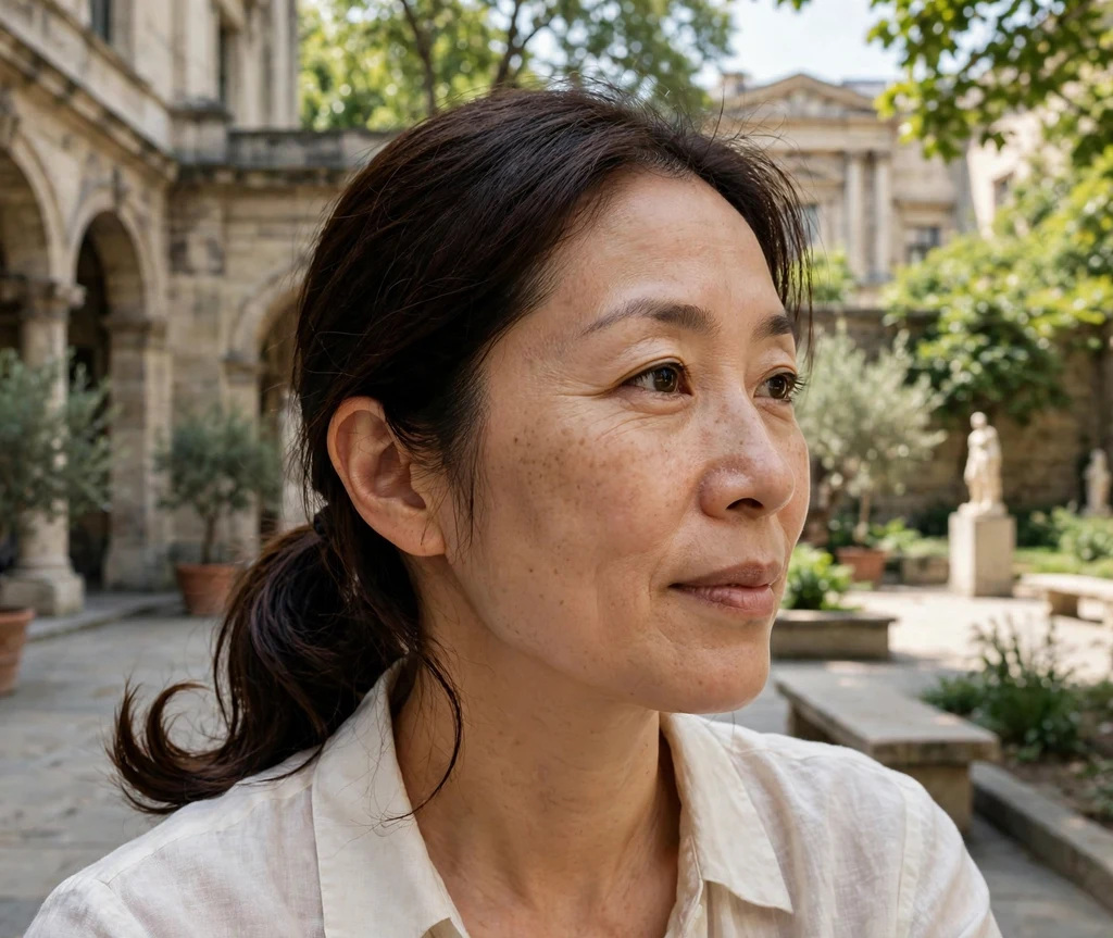 Woman with a flipped-ends low ponytail in a museum courtyard