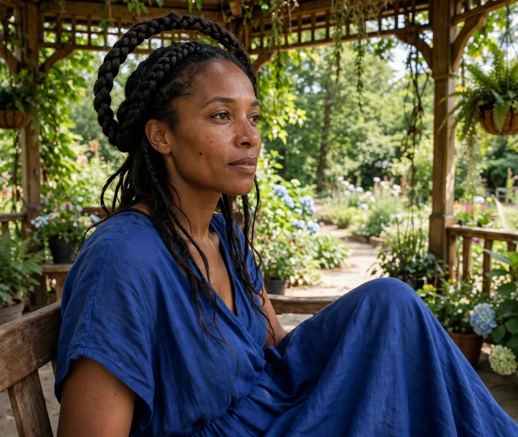 Woman with a braided halo bun in a garden gazebo