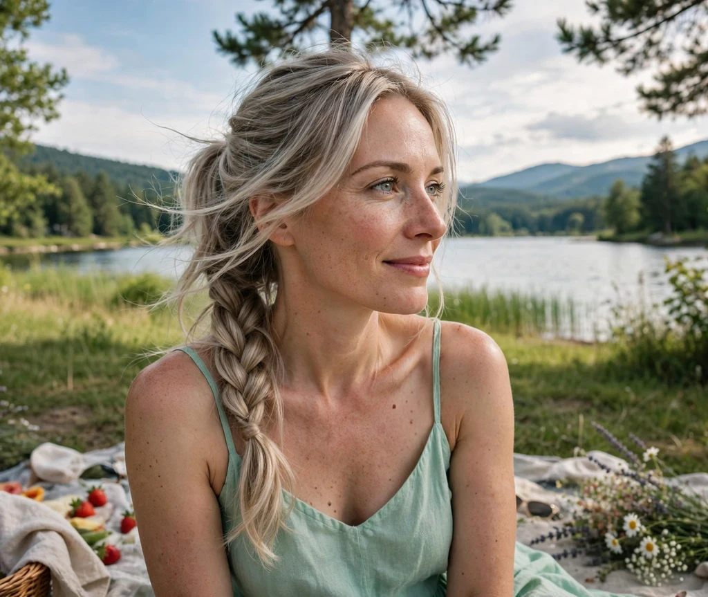 Woman with a side fishtail ponytail on a lakeside picnic