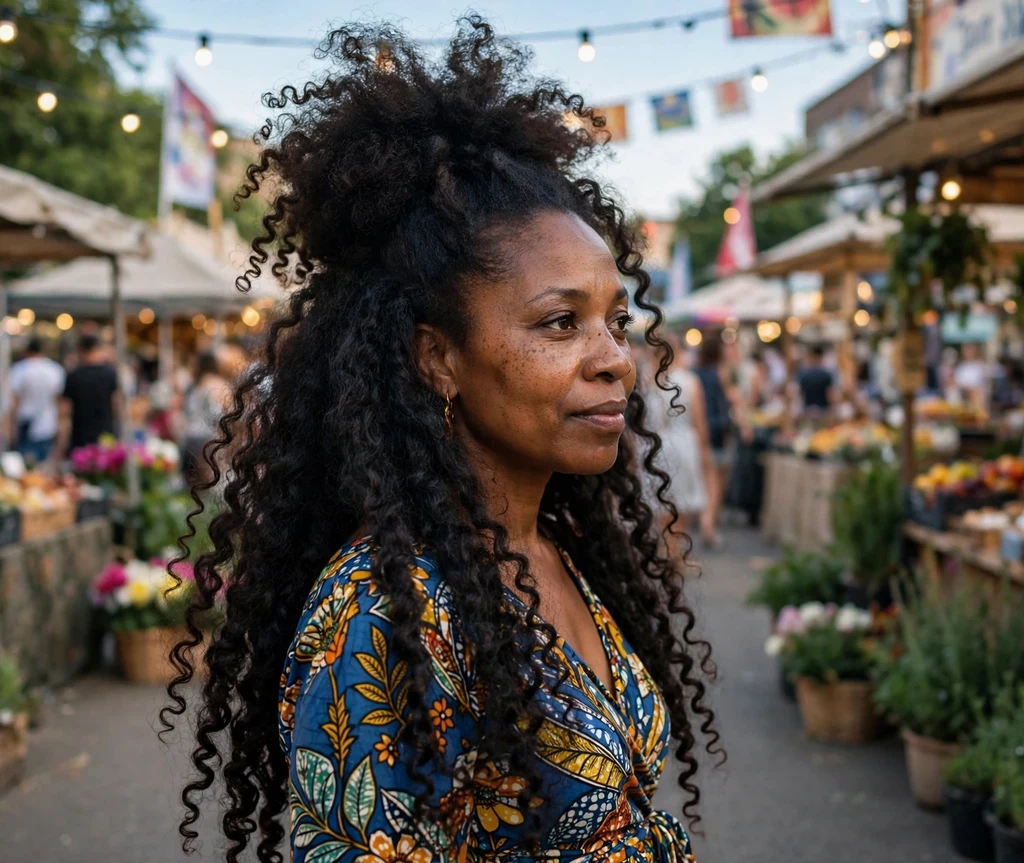 Woman with a voluminous curly puff at a street fair