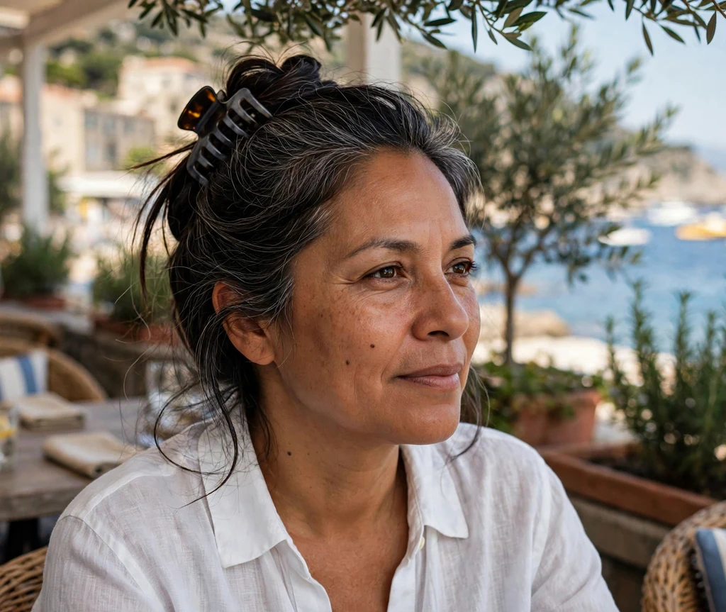 Woman with a claw clip French twist on a seaside terrace