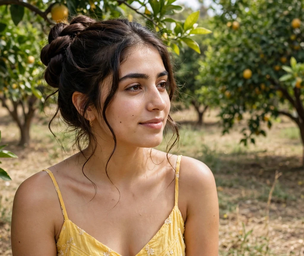 Woman with a two-strand twist updo in a citrus grove