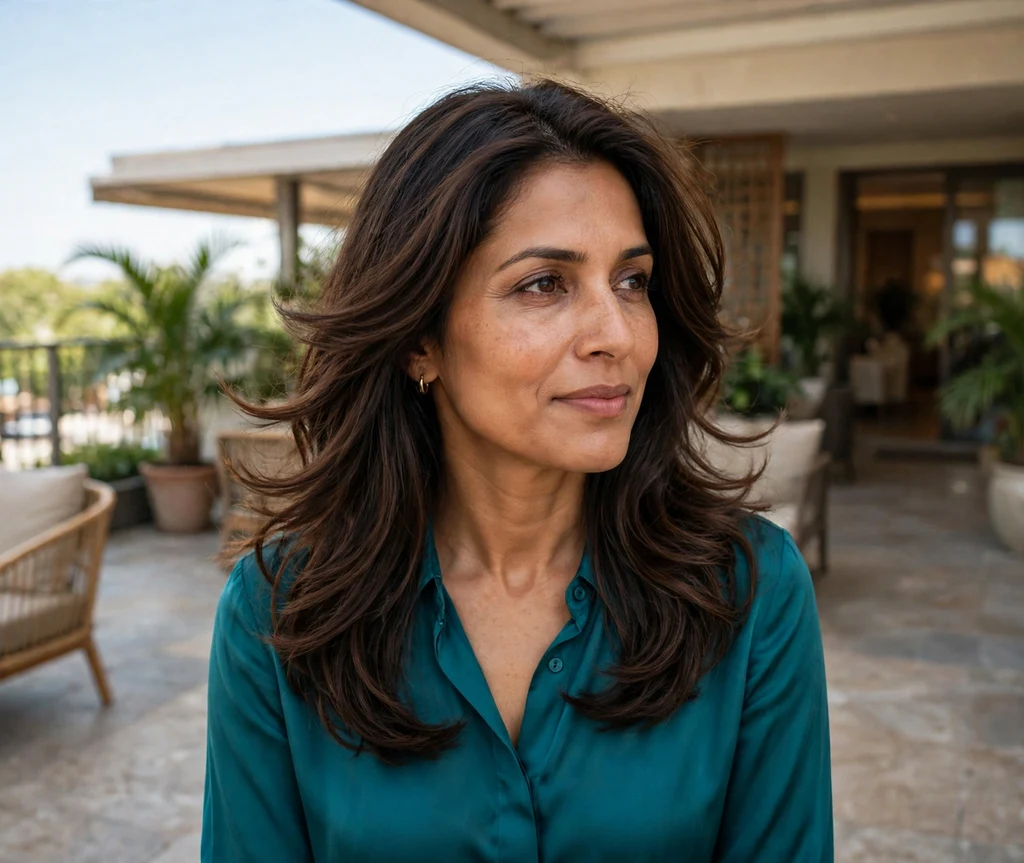 Woman with layered blowout waves on a hotel terrace
