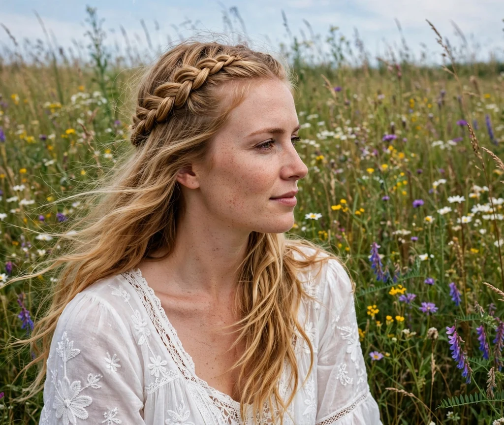 Woman with a braided crown and loose length in a wildflower meadow
