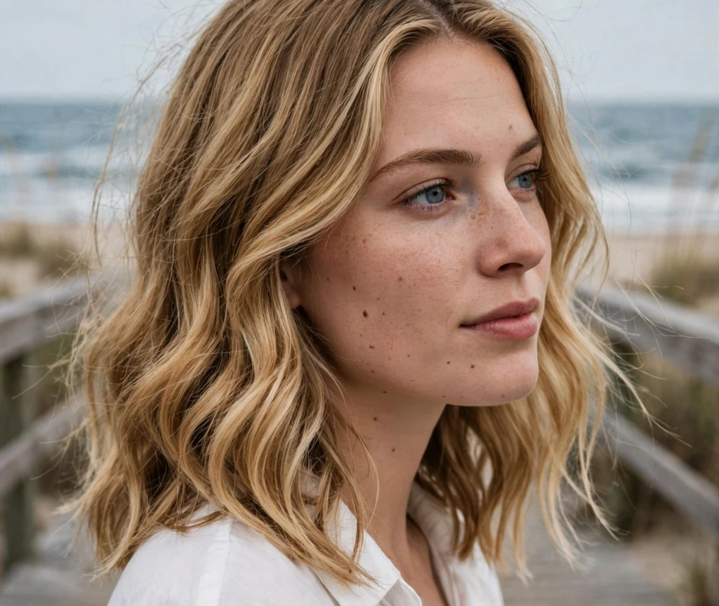 Woman with beachy shoulder-length waves on a boardwalk