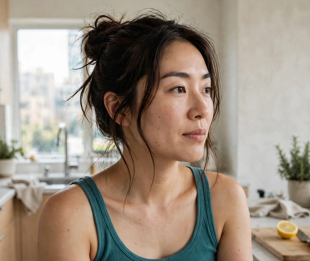 Woman with a messy lob bun in a bright kitchen