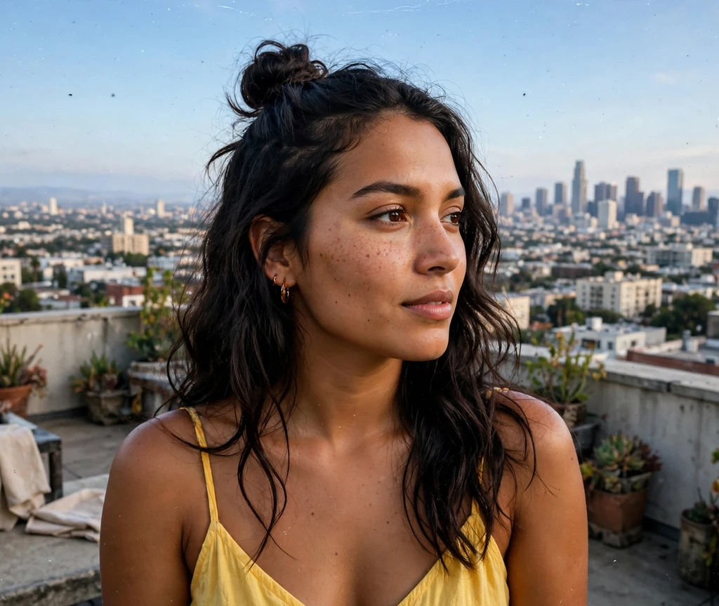 Woman with a half-up top knot on a rooftop terrace