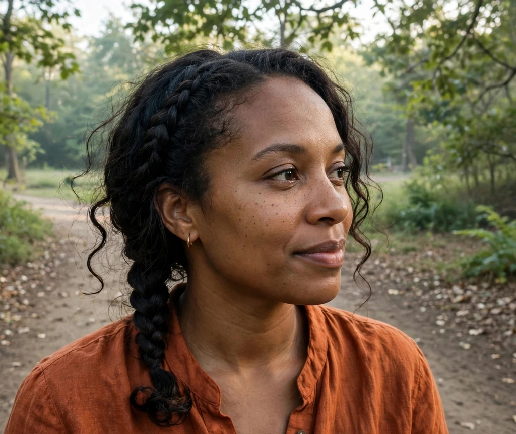 Woman with a side French braid on a park trail