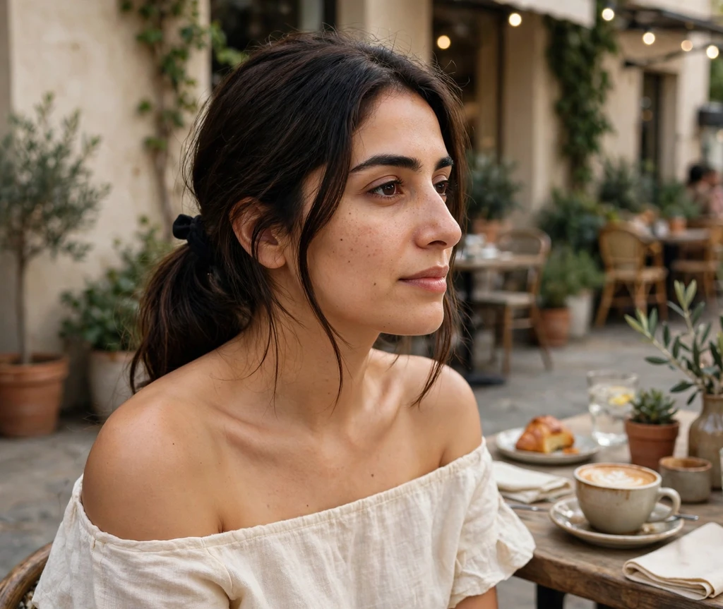 Woman with a loose low ponytail on a cafe patio