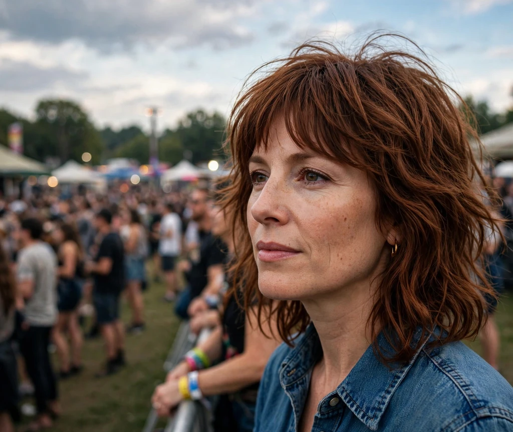Woman with a textured midi shag at a music festival