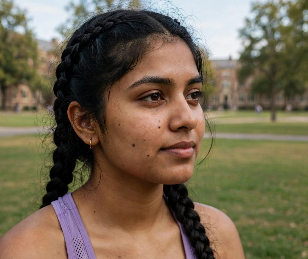 Woman with double Dutch braids on a college campus lawn