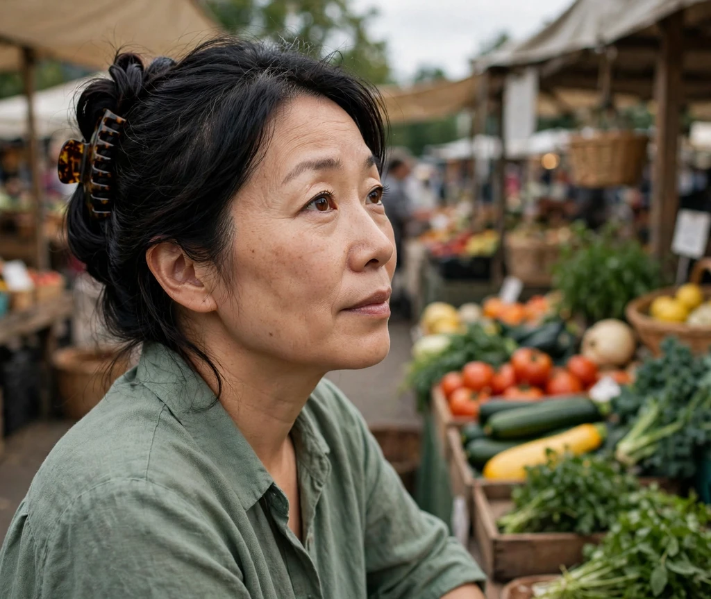 Woman with a claw clip twist at a farmers market