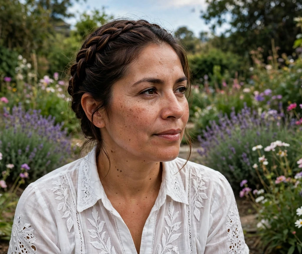 Woman with a milkmaid braid crown in a flower garden
