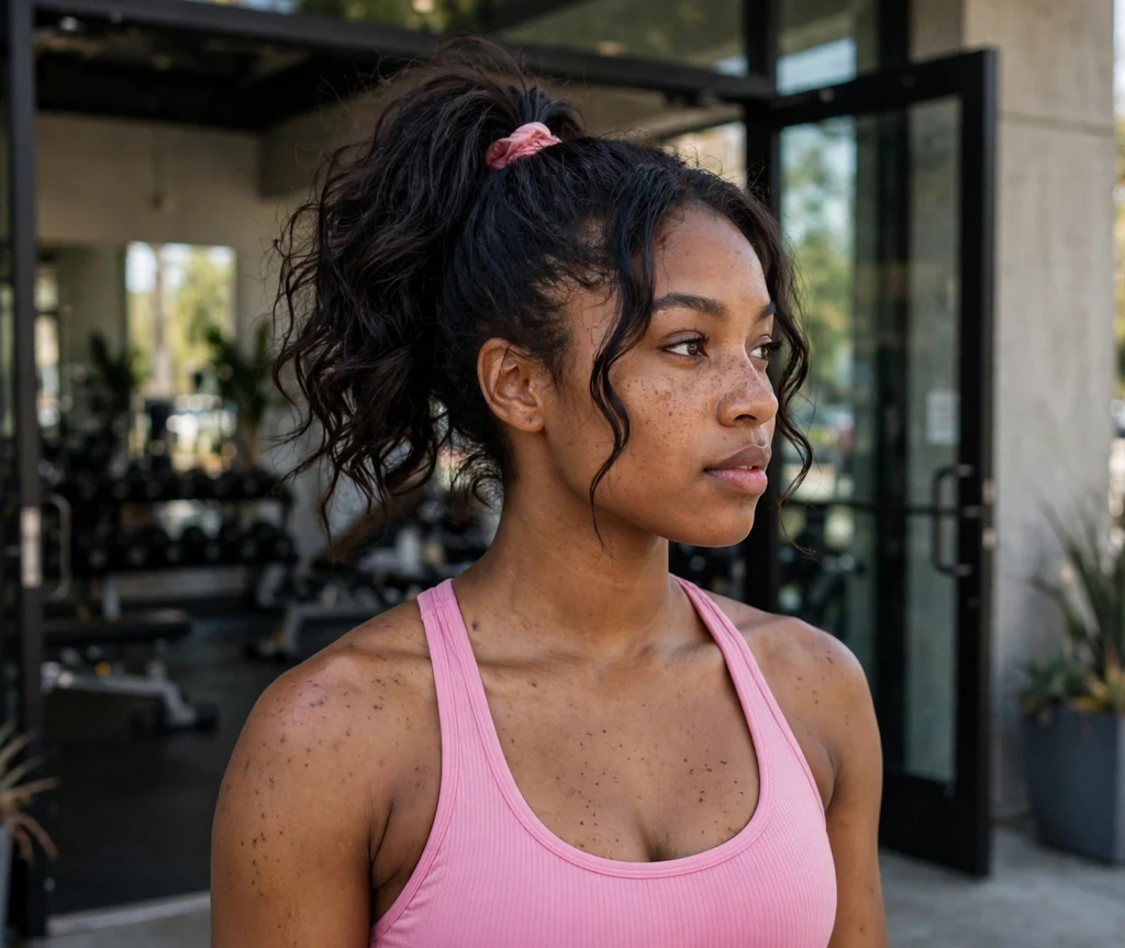 Woman with a wavy high ponytail at a gym entrance