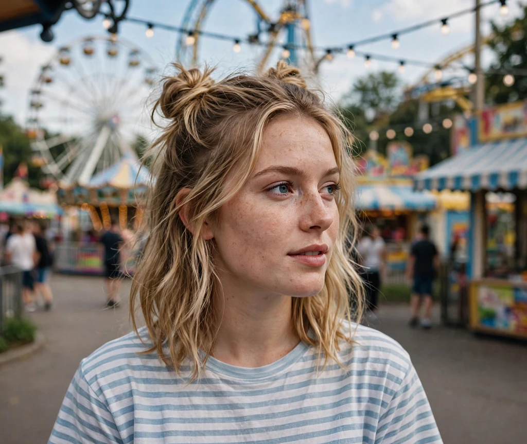 Woman with half-up space buns at an amusement park