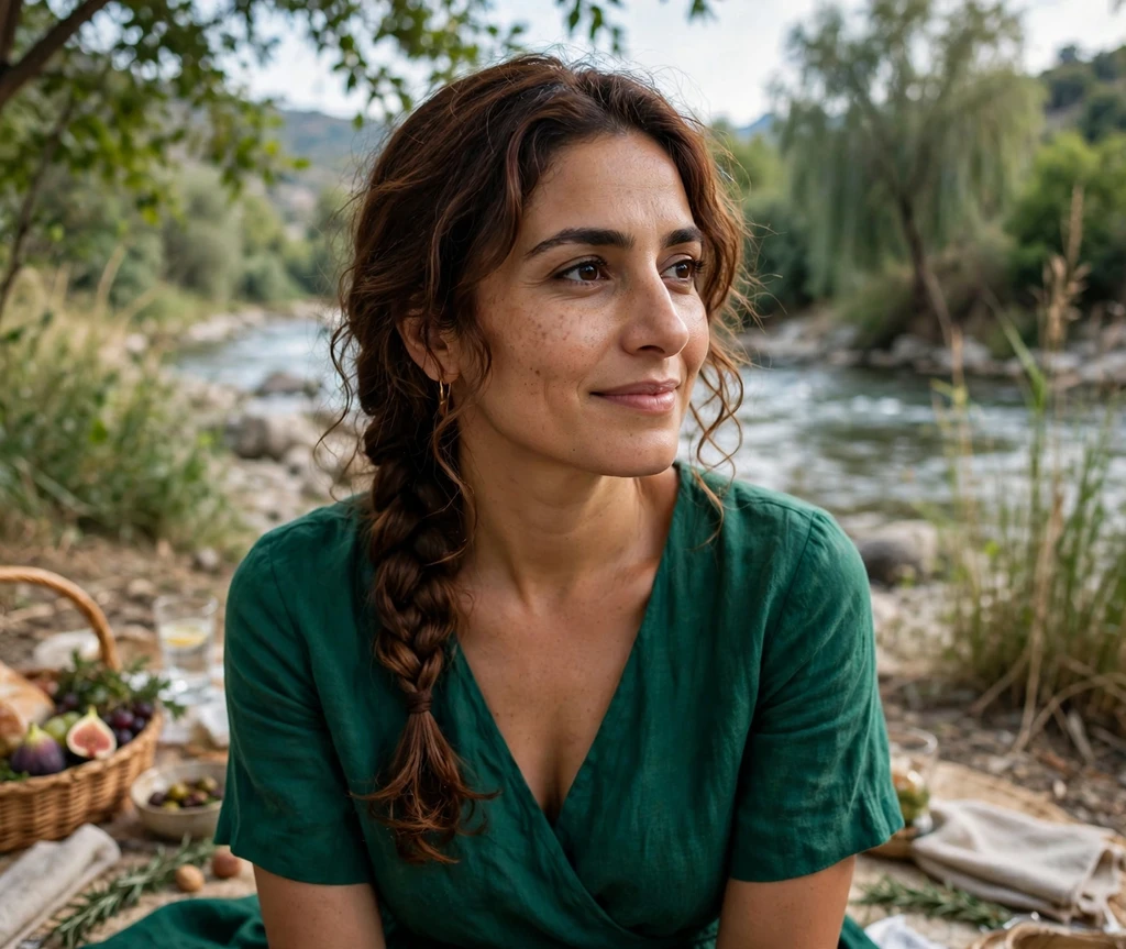 Woman with a fishtail side braid at a riverside picnic